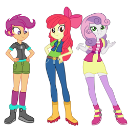 Size: 2417x2390 | Tagged: safe, artist:gmaplay, imported from derpibooru, apple bloom, scootaloo, sweetie belle, equestria girls, growing up is hard to do, clothes, cutie mark crusaders, female, looking at you, looking down, older, older apple bloom, older cmc, older scootaloo, older sweetie belle, simple background, transparent background, trio, trio female