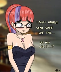 Size: 1492x1758 | Tagged: safe, artist:banquo0, imported from derpibooru, moondancer, human, armband, bare shoulders, blushing, breasts, busty moondancer, cleavage, clothes, dress, embarrassed, glasses, humanized, jewelry, lidded eyes, necklace, solo, strapless, text