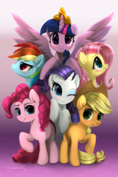 Size: 3000x4500 | Tagged: safe, artist:darksly, imported from derpibooru, applejack, fluttershy, pinkie pie, rainbow dash, rarity, twilight sparkle, alicorn, earth pony, pegasus, pony, unicorn, cute, female, mane six, mare, one eye closed, smiling, spread wings, twilight sparkle (alicorn), wings, wink