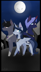 Size: 720x1280 | Tagged: safe, artist:lisaartista365, imported from derpibooru, oc, oc only, oc:prince midnight, oc:prince shade, oc:princess moonlight, alicorn, pony, unicorn, alicorn oc, crown, curved horn, female, full moon, heterochromia, horn, jewelry, male, mare, moon, night, offspring, parent:king sombra, parent:princess luna, parents:lumbra, peytral, regalia, siblings, stallion, tongue out, wings