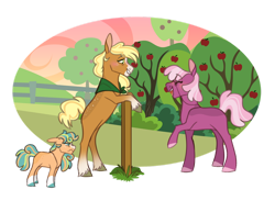 Size: 1280x937 | Tagged: safe, artist:echabi, artist:joburii, imported from derpibooru, applejack, cheerilee, oc, oc:clarabelle apple, earth pony, pony, alternate design, apple, apple tree, bipedal, bipedal leaning, body freckles, cheerijack, female, fence, filly, food, freckles, glare, glasses, leaning, lesbian, missing cutie mark, mother and child, mother and daughter, neckerchief, nose wrinkle, offspring, parent:applejack, shipping, simple background, story included, sweet apple acres, transparent background, tree, unshorn fetlocks