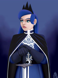 Size: 4000x5401 | Tagged: safe, artist:poecillia-gracilis19, imported from derpibooru, princess luna, human, cape, cloak, clothes, crown, humanized, jewelry, regalia, solo, sword, uniform, warrior luna, weapon