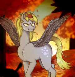 Size: 937x974 | Tagged: safe, artist:happyartfag, imported from derpibooru, derpy hooves, pegasus, pony, /mlp/, drawthread, female, leaf, mare, requested art, serious, serious face, solo, spread wings, wings