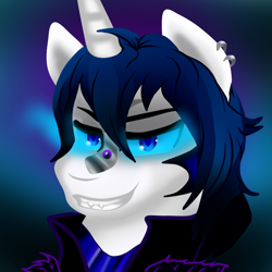 Size: 1000x1000 | Tagged: safe, artist:xiolyeca, imported from derpibooru, shining armor, pony, unicorn, alternate universe, armor, bevor, black and purple background, blended background, blue and black background, blue and purple and black background, blue and purple background, cape, chestplate, clothes, corrupted, corrupted shining armor, criniere, croupiere, cuirass, dark magic, dark shining armor, ear piercing, earring, fangs, fauld, glowing horn, gorget, gradient background, helmet, horn, jacket, jewelry, leather jacket, magic, male, peytral, piercing, plackart, possessed, possession, robe, role reversal, role swap, shining shadow, solo, sombra eyes