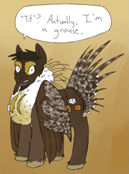 Size: 609x823 | Tagged: safe, anonymous artist, imported from derpibooru, pegasus, pony, /mlp/, drawthread, grouse, ponified, requested art, solo, speech bubble