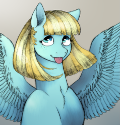 Size: 937x974 | Tagged: safe, artist:happyartfag, imported from derpibooru, helia, pegasus, pony, /mlp/, :p, drawthread, requested art, solo, spread wings, tongue out, wings