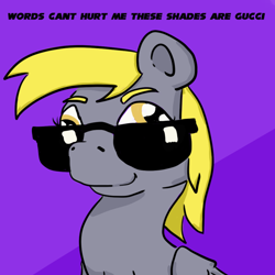 Size: 1000x1000 | Tagged: safe, artist:spagootispootis, imported from derpibooru, derpy hooves, pegasus, pony, /mlp/, caption, drawthread, ponified, requested art, solo, sunglasses