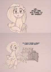 Size: 863x1200 | Tagged: safe, anonymous artist, imported from derpibooru, fluttershy, pegasus, pony, /mlp/, bait and switch, bong, comic, dialogue, drawthread, drugs, monochrome, solo, talking to viewer