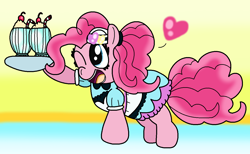 Size: 1268x782 | Tagged: safe, artist:harmonybunny2021, artist:jewelbandibun, imported from derpibooru, pinkie pie, earth pony, pony, coinky-dink world, eqg summertime shorts, equestria girls, cherry, cute, diapinkes, equestria girls ponified, food, hat, heart, milkshake, ponified, server pinkie pie, straw, tray, waitress