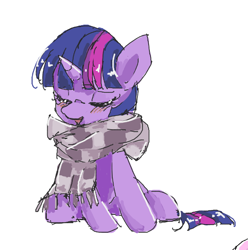 Size: 614x619 | Tagged: safe, artist:lexiedraw, imported from derpibooru, twilight sparkle, pony, blushing, clothes, eyes closed, scarf, simple background, sitting, solo, white background