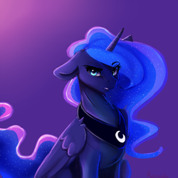 Size: 4000x4000 | Tagged: safe, artist:miokomata, imported from derpibooru, princess luna, alicorn, pony, absurd resolution, cute, eye clipping through hair, eyebrows, eyebrows visible through hair, female, floppy ears, glowing mane, gradient background, horn, jewelry, looking at you, lunabetes, mare, regalia, signature, simple background, solo, solo female, wings