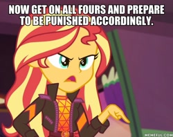 Size: 600x476 | Tagged: safe, edit, edited screencap, imported from derpibooru, screencap, sunset shimmer, equestria girls, equestria girls series, sunset's backstage pass!, spoiler:eqg series (season 2), caption, geode of empathy, image macro, imminent punishment, magical geodes, memeful.com, solo, text