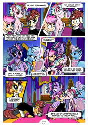 Size: 2100x3000 | Tagged: safe, artist:loryska, imported from derpibooru, trixie, twilight sparkle, oc, oc:clarabelle, oc:conundrum solar flare, oc:plumeria, alicorn, earth pony, hybrid, pegasus, pony, unicorn, zony, comic:friendship grows, adopted offspring, alternate hairstyle, coat markings, colored wings, colored wingtips, comic, ear fluff, female, filly, hug, lesbian, magic, offspring, parent:quibble pants, parent:rainbow dash, parent:sweetie belle, parents:quibbledash, shipping, telekinesis, twilight sparkle (alicorn), twixie, wingding eyes, winghug