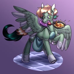 Size: 1280x1280 | Tagged: safe, artist:system-destroyer, artist:technodjent, imported from derpibooru, oc, oc only, oc:inex code, pegasus, pony, frying pan, mouth hold, solo, two toned wings, wings