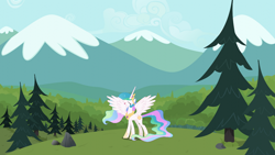 Size: 1280x720 | Tagged: safe, artist:boneswolbach, artist:chrzanek97, edit, editor:jaredking203, editor:jaredking779, imported from derpibooru, vector edit, princess celestia, alicorn, pony, crown, day, female, jewelry, mare, mountain, mountain range, regalia, solo, tree, vector