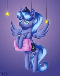 Size: 1600x2000 | Tagged: safe, artist:brilliant-luna, imported from derpibooru, princess luna, alicorn, pony, alternate hairstyle, crown, female, filly, flying, jewelry, pillow, regalia, s1 luna, solo, solo female, stars, wings, woona, younger