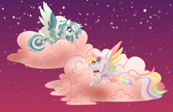 Size: 6168x4000 | Tagged: safe, artist:crazysketch101, imported from derpibooru, oc, oc only, pegasus, pony, cloud, duo, lying down, lying on a cloud, multicolored hair, on a cloud, rainbow hair, spots