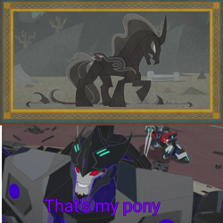 Size: 1000x1000 | Tagged: safe, edit, imported from derpibooru, screencap, pony of shadows, stygian, shadow play, clash of hasbro's titans, comparison, megatronus prime, meme, optimus prime, that's my x, the fallen, transformers, transformers robots in disguise (2015)