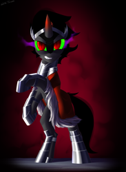 Size: 2200x3000 | Tagged: safe, artist:shido-tara, imported from derpibooru, king sombra, armor, commission, commissioner:reversalmushroom, cute, darkness, evil, glowing eyes, looking at you, simple background, sombradorable