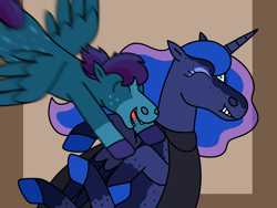 Size: 2048x1536 | Tagged: safe, artist:kindheart525, imported from derpibooru, princess luna, oc, oc:ravenclaw, alicorn, pegasus, pony, auraverse, adopted offspring, colt, duo, eyes closed, female, male, mare, mother and child, mother and son, open mouth, parent:princess luna, smiling, spread wings, story included, wings