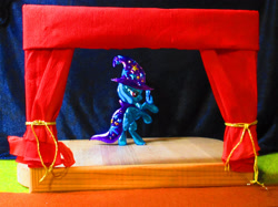 Size: 3730x2797 | Tagged: safe, alternate version, artist:malte279, imported from derpibooru, part of a set, trixie, pony, unicorn, cape, clothes, craft, embossing, hat, irl, metal foil, photo, relief, stage, trixie's cape, trixie's hat