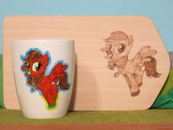 Size: 1024x769 | Tagged: safe, artist:malte279, imported from derpibooru, oc, oc:questionmark, pegasus, pony, craft, cup, pegasus oc, porcelain painting, pyrography, traditional art, wings