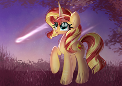 Size: 4092x2893 | Tagged: safe, artist:janelearts, imported from derpibooru, sunset shimmer, pony, unicorn, female, high res, mare, shooting star, solo