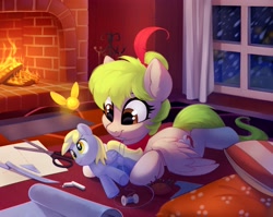 Size: 4096x3265 | Tagged: safe, artist:taneysha, imported from derpibooru, derpy hooves, oc, oc only, oc:pixie, pegasus, pony, fire, fireplace, needle, oc needed, pillow, pincushion, plush derpy, plushie, scissors, snow, snowfall, solo, thread, window