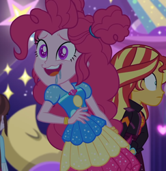 Size: 1050x1080 | Tagged: safe, imported from derpibooru, screencap, pinkie pie, sunset shimmer, equestria girls, equestria girls series, sunset's backstage pass!, spoiler:eqg series (season 2), clothes, cropped, drool, female, geode of sugar bombs, magical geodes, music festival outfit, shrunken pupils