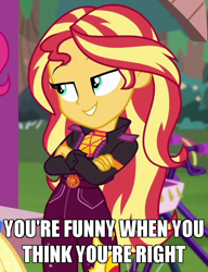 Size: 500x650 | Tagged: safe, edit, edited screencap, imported from derpibooru, screencap, pinkie pie, sunset shimmer, equestria girls, equestria girls series, sunset's backstage pass!, spoiler:eqg series (season 2), caption, clothes, condescending, cropped, crossed arms, geode of empathy, image macro, magical geodes, music festival outfit, smiling, smirk, smugset shimmer, text