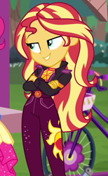 Size: 500x810 | Tagged: safe, imported from derpibooru, screencap, pinkie pie, sunset shimmer, equestria girls, equestria girls series, sunset's backstage pass!, spoiler:eqg series (season 2), bicycle, clothes, cropped, crossed arms, female, geode of empathy, magical geodes, music festival outfit, sexy, smiling, smirk, smugset shimmer