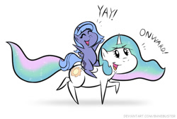 Size: 537x363 | Tagged: safe, artist:banebuster, imported from derpibooru, princess celestia, princess luna, alicorn, pony, series:tiny tia, cewestia, cute, cutelestia, eyes closed, female, filly, filly luna, luna riding celestia, lunabetes, open mouth, pointy ponies, ponies riding ponies, pony ride, riding, riding a pony, royal sisters, s1 luna, siblings, simple background, sisters, weapons-grade cute, white background, woona, younger