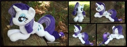 Size: 4710x1754 | Tagged: safe, artist:peruserofpieces, imported from derpibooru, rarity, alicorn, pony, alicornified, beanie (plushie), bedroom eyes, female, irl, lying down, mare, photo, plushie, prone, race swap, raricorn, smiling, solo, tree