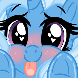 Size: 2000x2000 | Tagged: source needed, safe, artist:emberslament, imported from derpibooru, part of a set, trixie, pony, unicorn, :p, blushing, close-up, cute, daaaaaaaaaaaw, diatrixes, female, heart eyes, high res, hnnng, licking, licking screen, licking the fourth wall, looking at you, mare, solo, tongue out, underhoof, window licking, wingding eyes