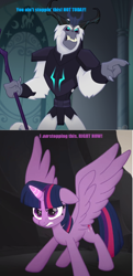 Size: 824x1708 | Tagged: safe, edit, edited screencap, imported from derpibooru, screencap, storm king, twilight sparkle, alicorn, pony, my little pony: the movie, comic, kingpin (marvel), liev schreiber, miles morales, screencap comic, spider-man: into the spider-verse, staff, staff of sacanas, twilight sparkle (alicorn), voice actor joke, wilson fisk