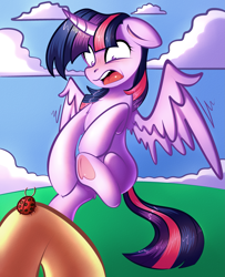 Size: 3029x3727 | Tagged: safe, artist:vetta, imported from derpibooru, fluttershy, twilight sparkle, alicorn, insect, ladybug, pony, blushing, coccinellidaephobia, colored underhoof, female, flying, frog (hoof), heart, hoof heart, horror, offscreen character, open mouth, startled, twilight hates ladybugs, twilight sparkle (alicorn), underhoof