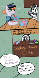 Size: 1000x2000 | Tagged: safe, artist:wren, imported from derpibooru, copper top, oc, oc:slow sipper, oc:zeal lanatus, earth pony, pony, zebra, art pack:ponies on patrol, bloodshot eyes, cafe, comic, donut, drinking straw, eyedropper, eyedrops, female, food, grass, implied racism, mare, mug, outdoors, plate, potions, racial slur, sign, smug, stand, table, zebra oc