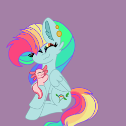 Size: 1378x1378 | Tagged: safe, artist:circuspaparazzi5678, imported from derpibooru, oc, oc only, oc:rainbow blitz, axolotl, pegasus, pony, hug, magical lesbian spawn, multicolored hair, offspring, parent:fluttershy, parent:rainbow dash, parents:flutterdash, rainbow hair, rainbow makeup, simple background, smiling, solo