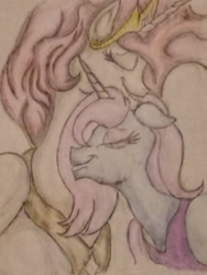 Size: 2448x3264 | Tagged: safe, artist:joey012, imported from derpibooru, princess celestia, princess luna, alicorn, pony, colored pencil drawing, colouring pencil, eyes closed, happy, hug, pencil drawing, royal sisters, siblings, sisters, traditional art