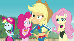 Size: 1920x1080 | Tagged: safe, edit, edited edit, edited screencap, editor:grapefruitface, imported from derpibooru, screencap, applejack, fluttershy, pinkie pie, rainbow dash, equestria girls, equestria girls series, forgotten friendship, applejack's beach shorts swimsuit, beach, beach shorts swimsuit, belly button, cap, clothes, crossed arms, cute, evil grin, female, fluttershy's beach shorts swimsuit, geode of empathy, geode of fauna, geode of shielding, geode of sugar bombs, geode of super speed, geode of super strength, geode of telekinesis, grin, hand on hip, hat, legless, legless fluttershy's beach shorts swimsuit, magical geodes, midriff, one-piece swimsuit, pinkie pie swimsuit, pinkie pie's beach shorts swimsuit, rainbow dash's beach shorts swimsuit, sexy, shyabetes, sleeveless, sleeveless fluttershy's beach shorts swimsuit, smile edit, smiling, swimsuit, swimsuit edit, tree, wetsuit