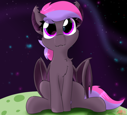 Size: 2598x2362 | Tagged: safe, artist:galacticguardian, artist:jubyskylines, imported from derpibooru, oc, oc only, oc:midnight starburst, bat pony, pony, asteroid, bat pony oc, bat wings, chest fluff, cute, cute little fangs, fangs, front view, full face view, heart eyes, high res, looking at you, sitting, smiling, solo, space, spread wings, stars, wingding eyes, wings