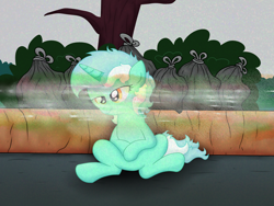 Size: 4032x3024 | Tagged: safe, artist:background basset, imported from derpibooru, lyra heartstrings, pony, unicorn, female, sad, sitting, solo, static, tired, trash, trash bag