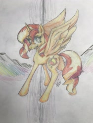 Size: 3024x4032 | Tagged: safe, artist:scribleydoodles, imported from derpibooru, sunset shimmer, alicorn, pony, alicornified, female, grin, mare, race swap, shimmercorn, sketch, smiling, traditional art