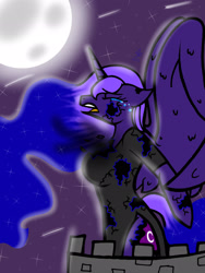 Size: 1536x2048 | Tagged: safe, artist:artmama113, imported from derpibooru, nightmare moon, princess luna, alicorn, anthro, clothes, crying, ethereal mane, eyes closed, female, full moon, moon, night, shooting star, solo, starry mane, stars, torn clothes, transformation