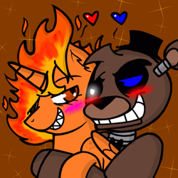 Size: 2048x2048 | Tagged: safe, artist:artmama113, imported from derpibooru, oc, alicorn, bear, pony, alicorn oc, blushing, bust, crossover, five nights at freddy's, freddy fazbear, grin, hat, heart, horn, mane of fire, sharp teeth, signature, smiling, teeth, top hat, wings