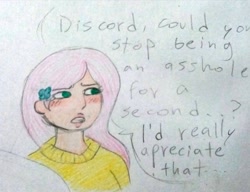 Size: 2048x1569 | Tagged: dead source, safe, artist:andressuperhell, artist:smol_andriusha, imported from derpibooru, fluttershy, human, bust, clothes, female, humanized, implied discord, solo, sweater, talking, traditional art, vulgar