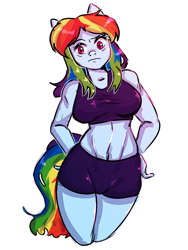 Size: 3000x4000 | Tagged: safe, artist:0blackster, artist:ranillopa, imported from derpibooru, rainbow dash, anthro, ambiguous facial structure, belly button, breasts, busty rainbow dash, simple background, solo, white background