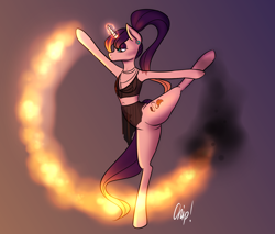 Size: 1700x1446 | Tagged: safe, artist:plaguemare, imported from derpibooru, oc, oc only, oc:pyro mane, pony, unicorn, ballet, belly button, blue eyes, bra, bralette, clothes, dancing, ear gauge, ear piercing, earring, eyeshadow, female, fire, flexible, gauges, glowing horn, horn, jewelry, magic, makeup, mare, necklace, piercing, ponytail, purple eyeshadow, purple mane, purple tail, pyromancy, see-through, see-through skirt, skirt, solo, solo female, standing, standing on one leg, underwear, yoga