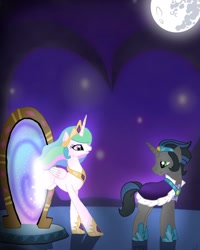 Size: 1000x1250 | Tagged: safe, artist:rxndxm.artist, imported from derpibooru, king sombra, princess celestia, alicorn, pony, celestibra, female, full moon, good king sombra, hoof shoes, jewelry, looking at each other, looking back, magic mirror, male, mare, mare in the moon, moon, peytral, raised hoof, shipping, stallion, straight, tiara