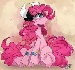 Size: 2030x1890 | Tagged: safe, artist:jxst-starly, artist:jxst_star_draws, imported from derpibooru, pinkie pie, earth pony, pony, bandage, cheek fluff, confetti, pinkamena diane pie, poofy mane, simple background, sitting, solo